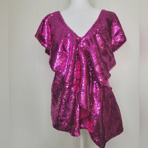 NWT INC International Concepts Fuschia Pop Pink Sequin Flutter Sleeve Top XL - Picture 4 of 12